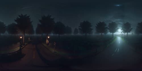 Ultra high-resolution VR360, masterpiece of Silent Hill inspired ambiance, misty landscapes, thick fog, decaying structures, dark night sky, nightmare landscape. Style: photo-realistic with a touch of horror, eerie glow from the moon. 