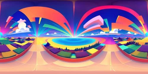 Masterpiece visuals in ultra high resolution, cubic art style, abstract patterns, geometrical shapes scattered across VR360 view. Vibrant colors, creating a surreal VR360 skybox, pixel art influence.