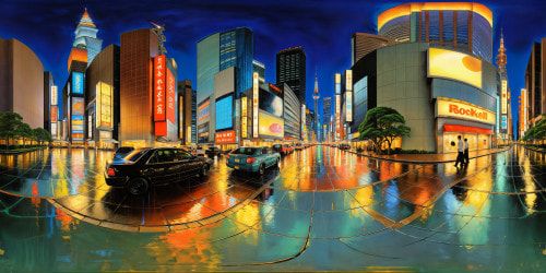 Stunning futuristic Tokyo skyline at twilight, neon-lit skyscrapers reflecting in flawless, rain-soaked streets, bustling with activity beneath a flawless and expansive night sky.