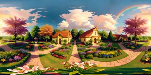 Ultra-HD, floral masterpiece tropical, elevated view, skyview of a VR360 botanical garden, vibrant, rainbow-hued array of blossoms. Minimalist foreground, emphasis on grand, sprawling flora vista. Style: Realism with a whimsical touch, color intensity heightened for VR360 allure.