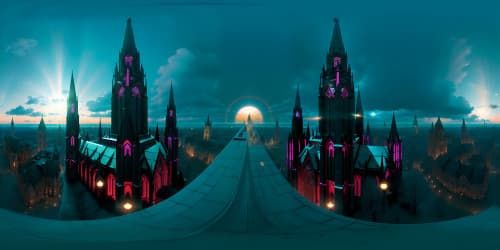 Ultra high-res VR360 masterpiece, Cologne's gothic architecture, towering cathedral spires, ethereal teal twilight, intricate stained glass patterns. Style: hyper-realism.