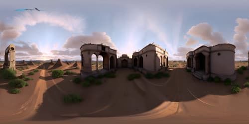 Masterpiece desert expanse in ultra-high resolution, desolate post-apocalyptic landscape, wreckage and ruins, sand-caked debris. VR360 view of decaying remnants, windswept dunes in soft evening light. Perspective of past civilization fading into oblivion, VR360 scene saturated with the haunting echoes of bygone eras.