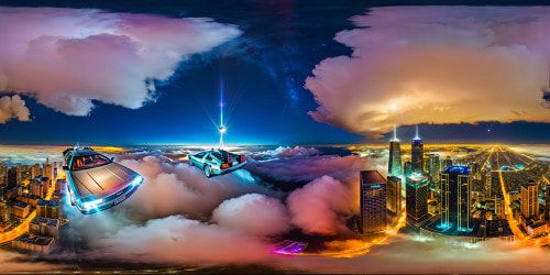 Immaculate and futuristic cityscape from "Back to the Future," showcasing towering skyscrapers glistening with neon lights, bustling flying cars soaring through the pristine night sky, with a mesmerizing holographic skyline, and a luminous full moon casting an ethereal glow over the metropolis.