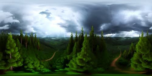 sky view Masterpiece quality VR360, ultra high-res. Stormy sky, deluge of rain, dark night. Tree canopy panorama, hillside forest, swept in rain. Immersive VR360 view, great expanse of overridden night sky.
