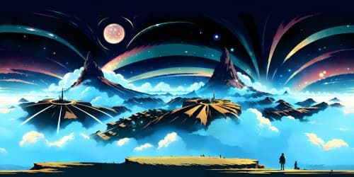 Masterpiece quality, ultra-high resolution VR360 scene, vast sky filled with iridescent nebula clusters, constellations patterned like a woman's silhouette. Ignoring foreground elements, emphasizing green-eyed star clusters. VR360 view, digital painting style.