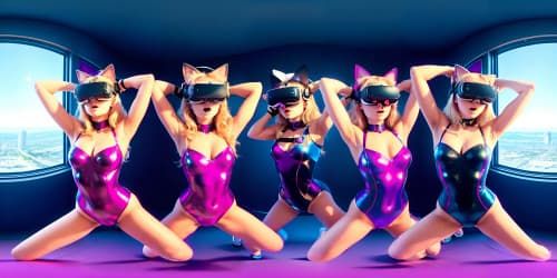 five princesses_wearing pink leotards_one woman has blue eyes_two of the women are blonde_they are squatting_spread_arms behind their heads_close up of armpit_ cat ears