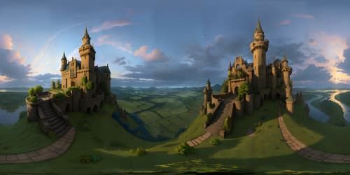 VR360 panorama, gothic spires of a medieval castle, high-res, richly detailed stonework, mossy textures. Grandeur of expansive ramparts, in a masterpiece style. Crisp, ultra-quality VR360 view of castle silhouette against twilight sky.
