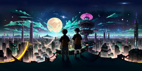 VR360 masterpiece, ultra high-resolution quality, rich textures, surreal art style, opulent color palette, hyper-realistic dystopian cityscape, VR360 dynamic lighting, neon-infused skyline, intricate architectural detail, shimmering skyscrapers, vast starlit sky backdrop.