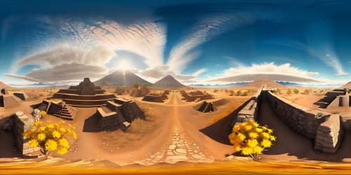 VR360 Sierra Madre peaks, dusted, lining horizon, sun-gilded Teotihuacan pyramids reflecting, cobalt sky, gossamer cumulus adornment. Chiaroscuro drama, Mexican palette: marigold vibrant, indigo deep, scarlet fiery. VR360 digital painting, textured tangibly, illumination hyperrealistic, grandeur amplified. Masterpiece quality, ultra-high resolution.