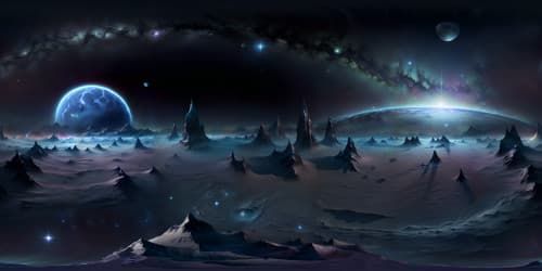 Masterpiece quality VR360, digital painting, ultra-high resolution. Billowing fog veiling snowy peaks, radiant moon, serene lagoon reflection, VR360. Glittering constellations against velvety night sky. Wintery woodland shrouded in misty secrecy. The zenith of artistic expression.
