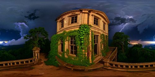Amidst a stormy night, an abandoned haunted mansion looms, cracked shutters and overgrown ivy, illuminated by eerie moonlight and arcing lightning, every weathered detail sharp in flawless high definition, a frighteningly perfect scene.