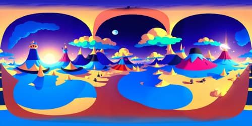 Simpsons-inspired VR360 skyscape, ultra high resolution, energized color palette. Quirky clouds, abstract shapes, pop-art sunset. Blend of fantasy, reality. Dynamic, Picasso-esque forms. Playful, masterpiece quality. Visual feast, vibrant Simpsons-esque VR360 scene.