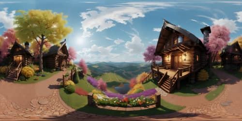 cabin on a hill over looking a field of colorful flowers and autumn leaves at night skyview