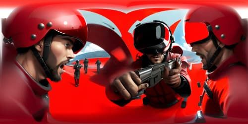men wearig all red jumpsuit. holding machine gun. face all covered.