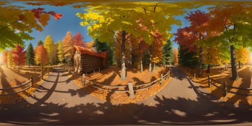 Masterpiece quality, ultra-high-resolution VR360. Rustic cabin, fall season, tapestry of autumn leaves, crisp air, towering forest perimeter. Design style akin to digital painting, rich in texture, light, color.