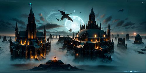 Crypto fortress, solitude, vampire-inspired architecture, gothic spires against the twilight sky. Ultra high resolution, masterpiece-level detailing, VR360 experience. Somber color palette, chiaroscuro lighting effects, VR360 perspective. A fusion of dark fantasy and digital painting style.