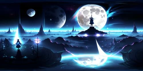 Masterpiece quality, infinite Tsukuyomi moon in ultra-high res VR360. Luminous celestial body commanding the scene, doused in shimmering silver light. Fantasy anime style, ethereal glow, dominant celestial phenomenon. VR360 embracing expansive night sky view.
