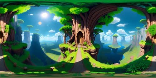 Masterpiece quality, ultra high-resolution, VR360. Dense, lush forest, towering ancient trees, emerald foliage, lichen laden bark. Sunlight filtering through, casting intricate shadows. Fantastic realism style, overwhelming detail, vibrant texture.