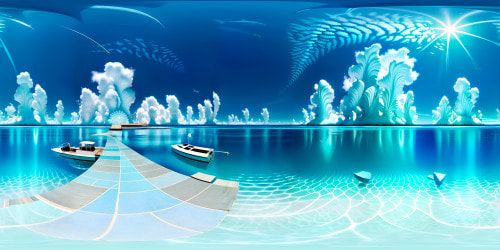 VR360 masterpiece: ultra high-res fish boat, intricate wood grain, polished bronze accents. Glittering ocean expanse, translucent turquoise waves, flecks of white foam. Surreal art influence, hyperrealistic render, exceptional detail, luminous color palette. Atmosphere, clear, cloudless sky, gradual gradients of blue. Distorted fish-eye lens perspective for VR360 backdrop.