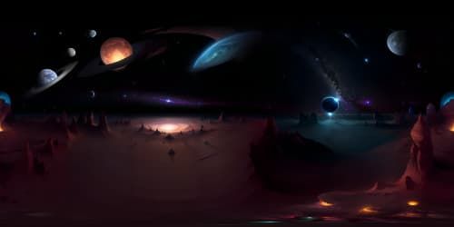Ultra high resolution, VR360 masterpiece. Dazzling, celestial bodies against an obsidian backdrop. Fantasy-inspired, epic, otherwordly. Stygian cosmos, mystifying stardust, astral nebula, gleaming galaxies. Dark, space-themed VR360 panorama.