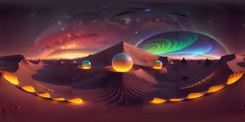 VR360 Mars landscape, ultra-high resolution, masterpiece quality. Maroon terrain, undulating sand dunes, towering Martian mountains, deep valleys. VR360 alien skies, radiant sunset hue, milky way spectacularly visible. In the style of digital realism.