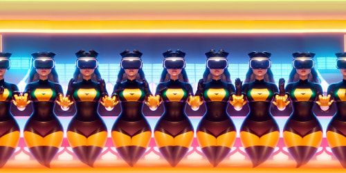 VR360: Five diverse princesses, emerald-eyed, ebony hair, pearl lip gloss, gold accents. Unique posture, arms raised, focus on underarms. White fur trim, lynx-like ears. VR360 photorealistic grandeur, ultra-definition. Ultra high resolution, artistic mastery.
