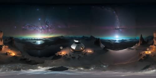 VR360 ultra high resolution, enchanting moonlight radiance reflecting on serene lagoon. Majestic mountain peaks enveloped in soft mist, VR360. Dazzling celestial bodies illuminating night sky. Epitome of digital painting grandeur.