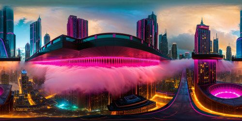 Immersive and breath-taking view of a futuristic cyberpunk cityscape bathed in bimbo pink neon lights, towering skyscrapers reflecting in a high shine rain-soaked pavement, ultra high resolution details, creating a flawless digital masterpiece.