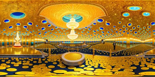 A vast, opulent vault filled with gleaming golden coins, sparkling jewels, and intricate treasures, bathed in a radiant golden glow under shimmering crystal chandeliers, a paradise of wealth and opulence captured flawlessly in ultra-high resolution perfection.