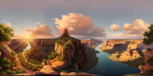 Ultra HD, Masterpiece quality VR360, Grand Canyon, river slicing through red rock vistas, sunset cast shadows. Ethereal hues on horizon, skyview dominated by setting sun's glow.
