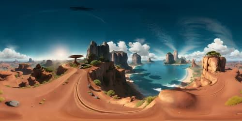 VR360 masterpiece, ultra high-res visuals, stylized Pixar-style, grand landscapes, subtle foreground, alluring skylines, horizon grandeur. Breathtaking VR360 scenes, immersive digital aesthetics, grand vistas emphasis, stunning sky panoramas, cool atmosphere. Minimal foreground elements, intriguing, expansive VR360 view, detailed but subtle horizon interest.