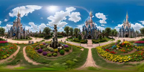 Disney World magic, Cinderella Castle, Tomorrowland innovation, Adventureland wildness. VR360 view, expansive Epcot, vibrant colors, clutter-free foreground. Pixar-style animation, ultra HD quality, immersive VR360 experience, Disney-masterpiece aesthetic.