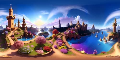 Winx Club-inspired VR360 scene, bright magical realm, ethereal castles, floating islands, shimmering waterfalls, vibrant flora, radiant titanic crystals, translucent fairy wings. Ultra high-res detailing, Pixar-style bold colors, soft glow effects. Grand, mesmerizing VR360 sky view, sunset hues scattered with twinkling stars.