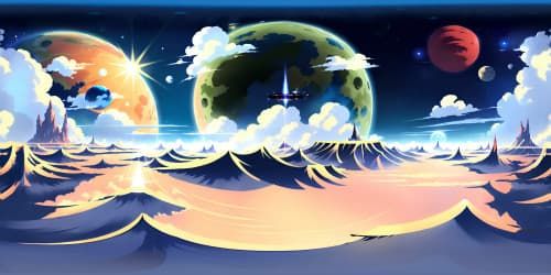 Ultra-high-resolution VR360, Dragon Ball inspired environment, floating mountains, radiant energy spheres, dragon nimbus clouds, expansive sky, ethereal color palette, masterpiece quality, vibrant digital painting