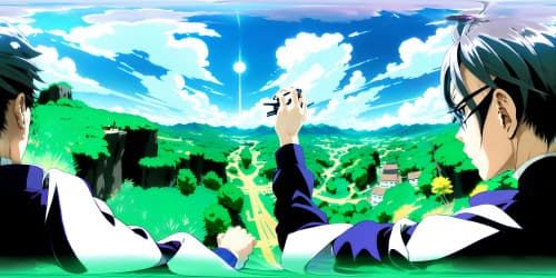 a full shot of Gojo Satoru in Jujutsu Kaisen. he in silver hair blue eyes and in his all black suit. flying in the sun set sky. 