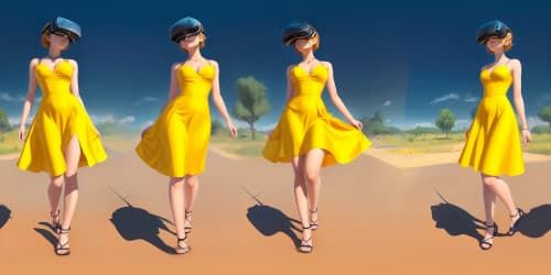 little girl. short hair. yellow shirts up. orange slip dress length to knees.