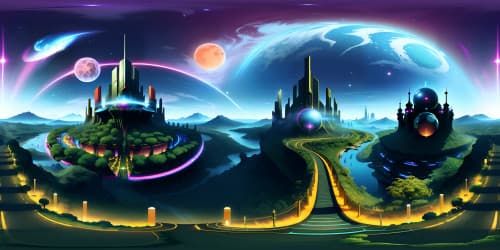 VR360 ultra-high res, futuristic cityscape, sleek skyscrapers, best quality masterpiece, neon-lit streets, vibrant digital billboards, VR360 technicolor sky, anime-style