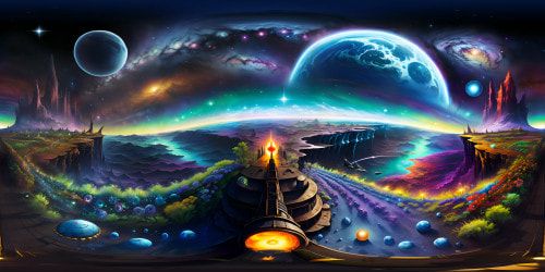 Ultra HD, cosmic VR360 panorama. Realistic Milky Way, star clusters, luminous nebulae, striking black holes. Interstellar, ethereal glow, floating celestial bodies. Masterpiece fantasy art style. VR360 view, immersive, star-studded spectacle.