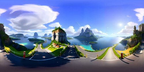 Two cars near a lake with a city in the distance