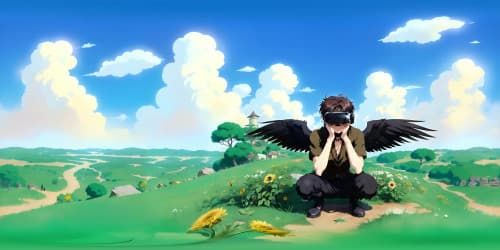 a man with huge black feather wings (kneel down)