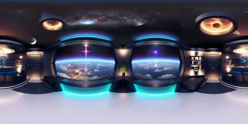 Masterpiece VR360, ultra-high-resolution. Cozy lounge ambiance, roaring cosmic fireplace. Sci-fi space station, Earth-orbiting view, VR360. Futuristic décor, delicate luminescence. Star-dusted universe, brilliant glow of Earth. Interstellar intrepidness, Pixar-inspired vibrancy.