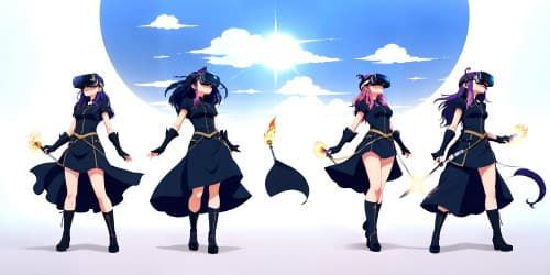 three black female sorceresses carrying blue staffs bursting with energy. one woman has dreadlocks.one is wearing thigh high boots.one has a flaming sword.