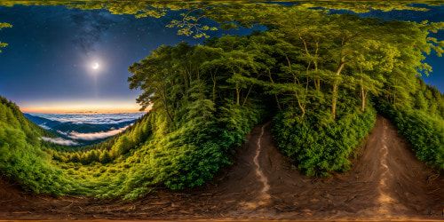 A flawless, ultra high-resolution VR360 scene of a dirt path winding through an untouched, verdant forest, moonlight filtering through leaves with a silver-blue luminescence, creating an ethereal, impressionist-style atmosphere in the luminous, fauna-free night woods.