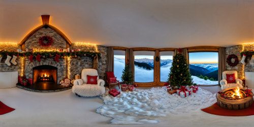Impeccable portrayal of a festive Christmas cabin interior, illuminated by the flickering warmth of a crackling fireplace, adorned with shimmering decorations, exuding the enchanting essence of the holiday season in flawless ultra-high resolution splendor.