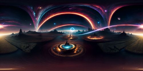 Ultra high-res VR360 scene, masterpiece style. Gigantic cosmic entity, void-black hair flowing across VR360 views. Textured strands shimmering with ethereal light, surreal art influence. Celestial structure embodying surrealism, cosmic horizon backdrop, masterpiece-level detailing.