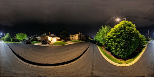 Under a pitch-black night sky in the heart of a suburban neighborhood, the street glows eerily beneath the harsh light of flickering fluorescent lamps, casting stark shadows and reflections, giving the scene a gritty and haunting atmosphere.
