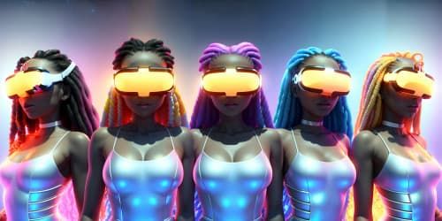 three female angels wearing white leotards with gold trim_they have golden wings_the women have gold halos over their heads_one woman has dreadlocks_two of the women area african american_