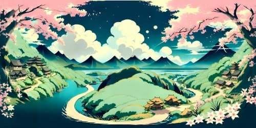 Exquisite VR360 masterpiece, ultra high-definition, Demon Slayer-inspired landscape, subtle hint of Tanjiro Kamado. Spiraling clouds, moonlight diffused, cherry blossom-strewn paths, swirling water patterns. Anime style, intricate detailing, bold colors, contrast of light and darkness. VR360 view of layered mountains, immersive depth, distant silhouettes of old-world Japanese architecture.