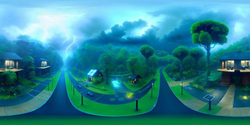 VR360 ultra high-res masterpiece. Inside solarpunk shelter, biome-sculpted woodwork, eco-futuristic infrastructure. Thick forest, rain-soaked foliage. Outside, stormy clouds, ink-black night. Hyper-realistic raindrops, lightning streaks. Solarpunk art style, digital painting finesse.