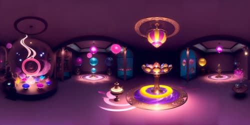 Ultra high-resolution VR360, masterpiece quality. Chocolate machine prominence on the right, adjacent pocket watch-style gears, wheels. Pink bowler hat bobbing lightly, matching well-tailored suit draped over invisible form. Left side, fountain, vibrant, multicolored juice spurting unpredictably. Chocolates held aloft, gently floating across the sky-scape.